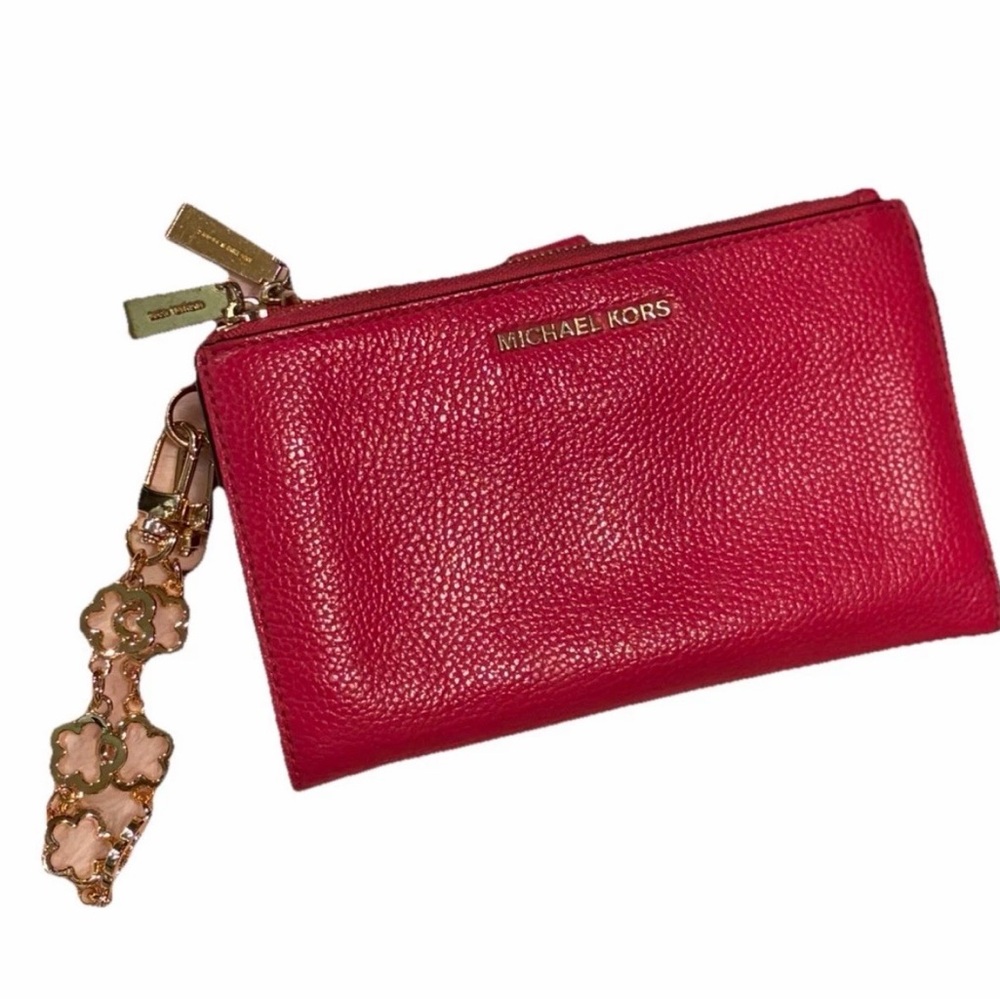 Michael Kors Leather Jet Set Double Zip Bifold Wallet Wristlet Bright Pink - Picture 2 of 16